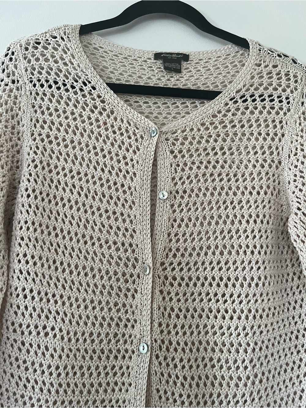 Beige 100% Cotton Crochet Knit Cardigan Large Coastal Grandma Beach Summer Boho - Picture 3 of 7